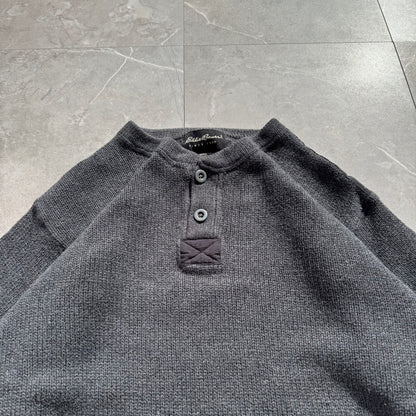 00s Eddie Bauer Made in UK Gray Henley Neck Cotton Knit