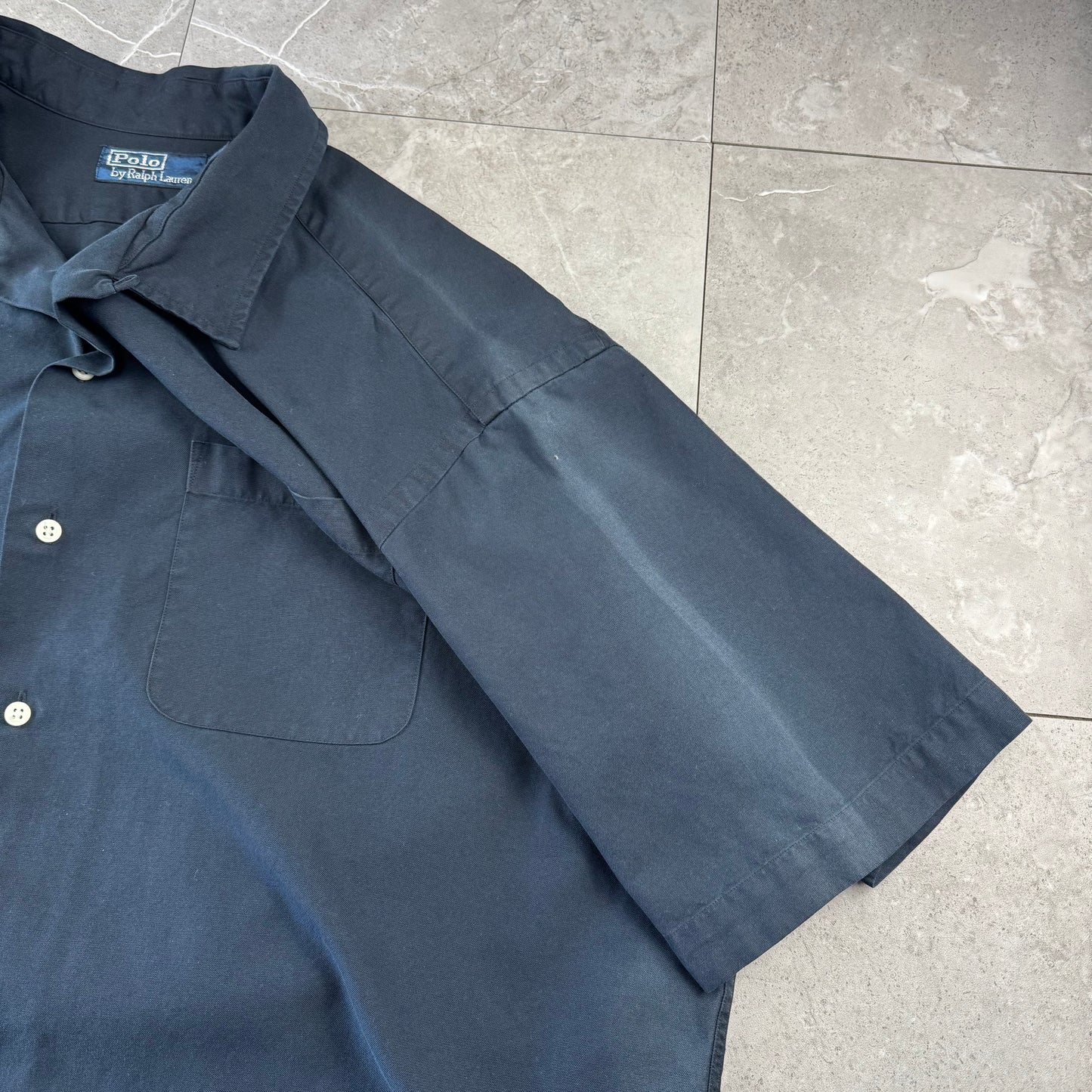00s Polo by Ralph Lauren Black Sun Faded Silk x Cotton Open Collar Shirt