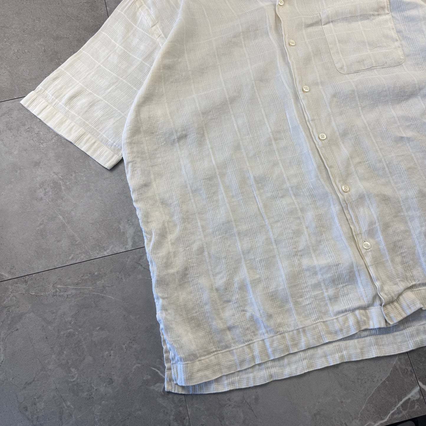 00s Polo by Ralph Lauren Caldwell No-Pony White Checkered Linen x Cotton Open Collar Shirt XL