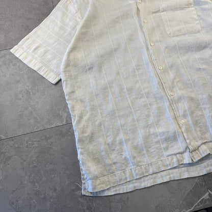 00s Polo by Ralph Lauren Caldwell No-Pony White Checkered Linen x Cotton Open Collar Shirt XL