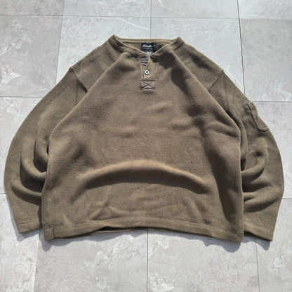 00s Eddie Bauer Made in UK Olive Green/khaki Henley Neck Cotton Knit