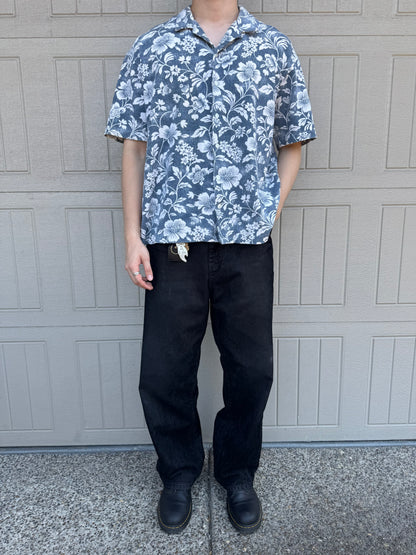 90s Polo by Ralph Lauren Blue Flower Knitted Open Collar Shirt XL