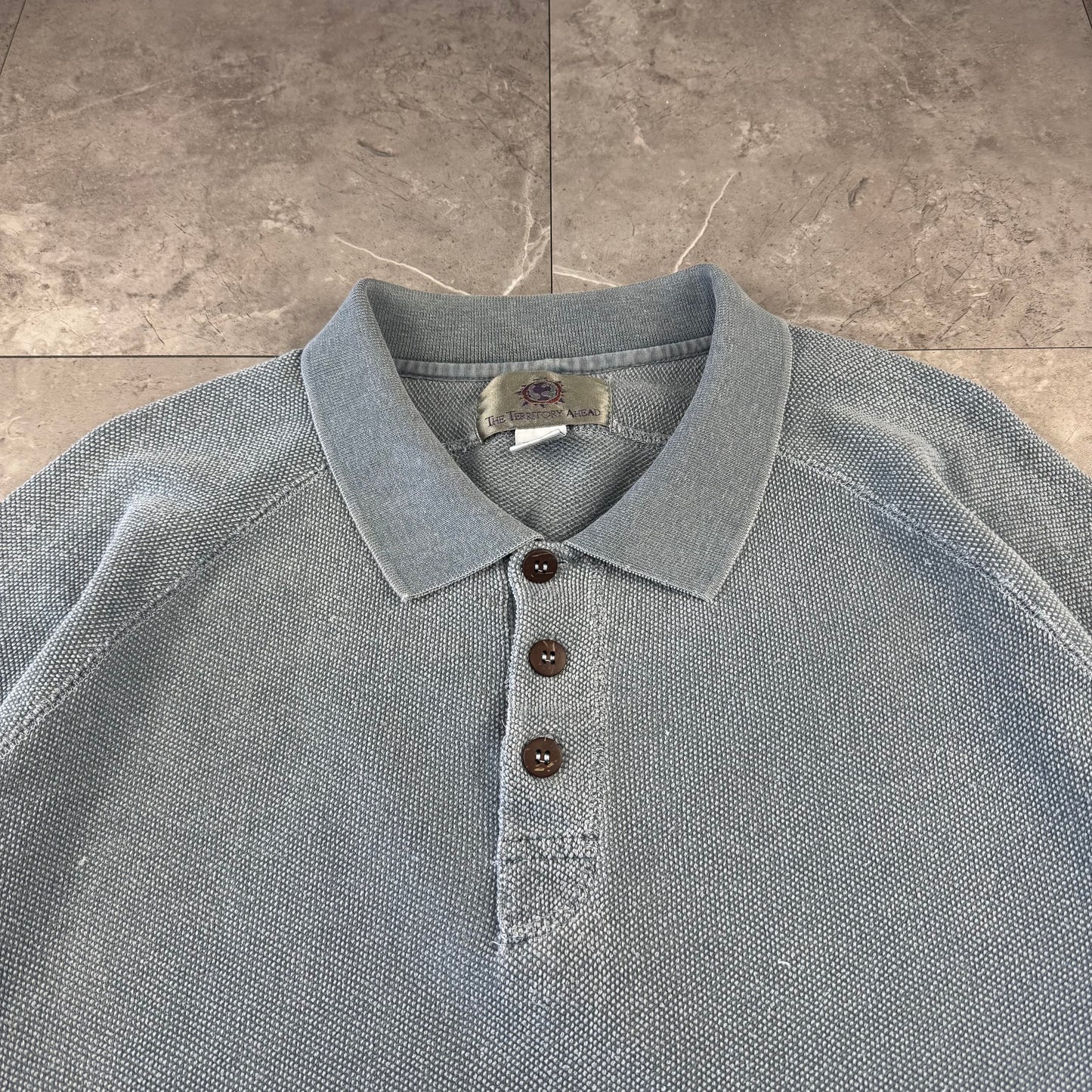 90s The Territory Ahead Faded Light Blue Raglan Heavyweight Polo Shirt