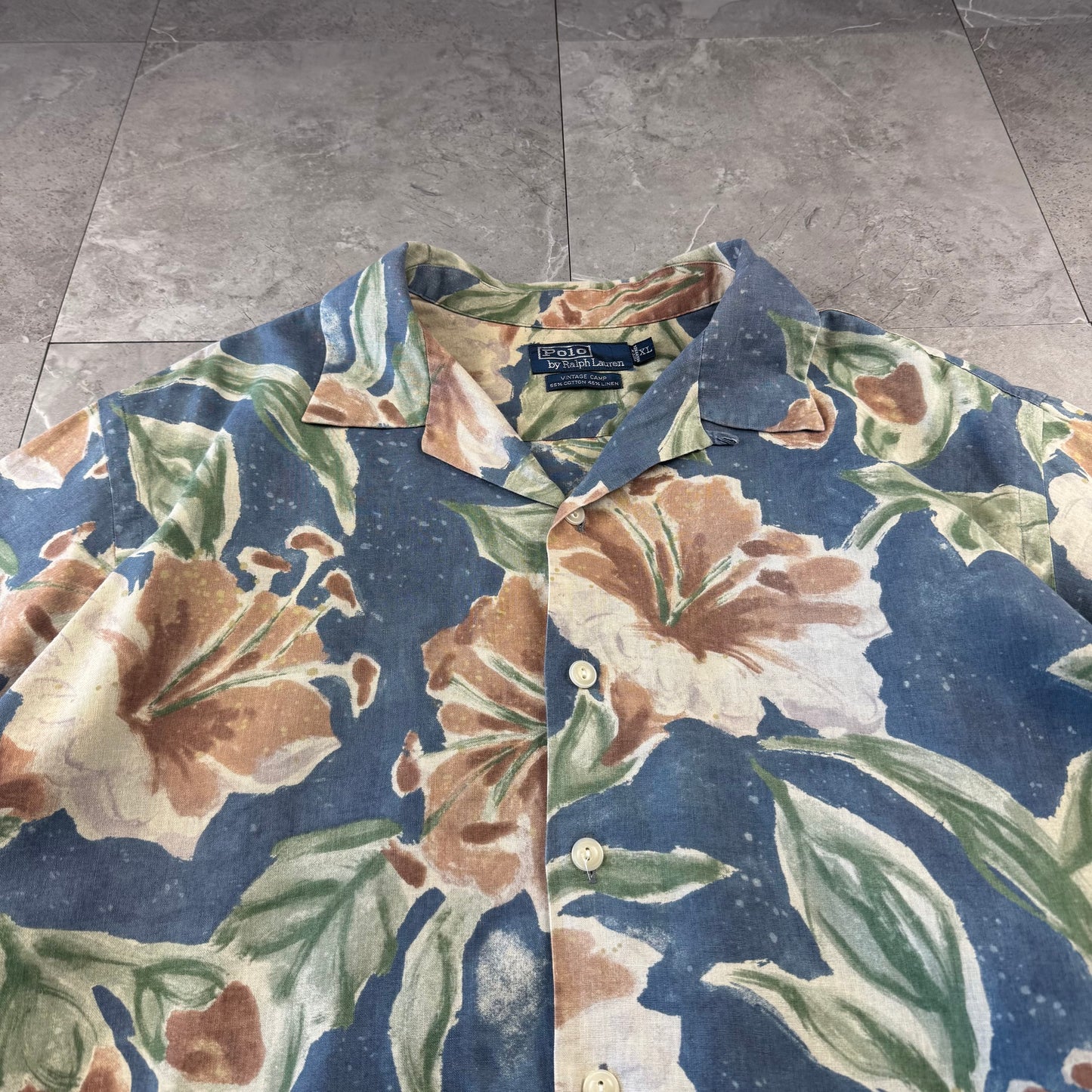 00s Polo by Ralph Lauren Vintage Camp Blue Flower Pattern Cotton x Linen Open Collar Shirt XL