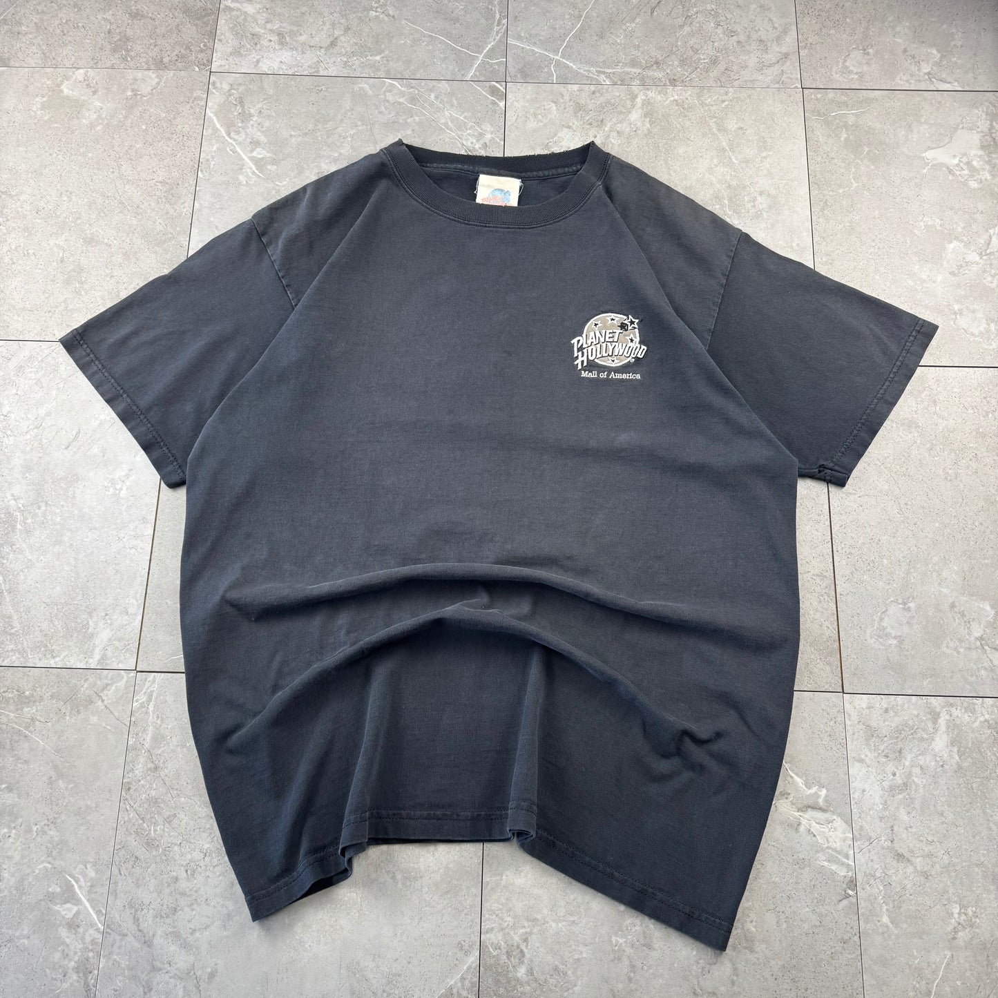 90s-00s Planet Hollywood Made in USA Faded Black Embroidered Logo T-Shirt