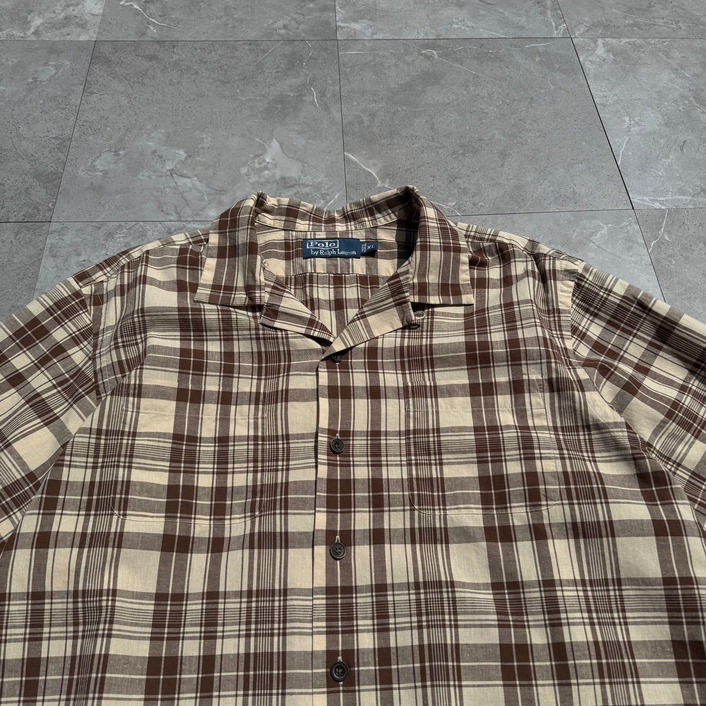 90s-00s Ralph Lauren Brown Checkered Cotton x Linen Open Collar Shirt KiiChain Clothing