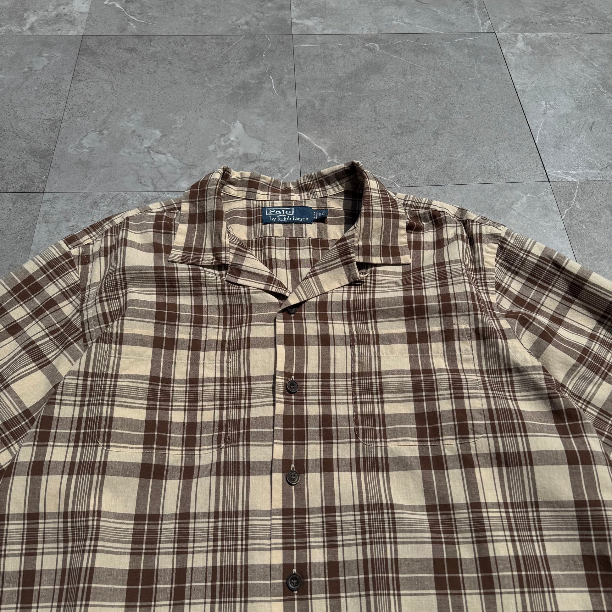 90s-00s Ralph Lauren Brown Checkered Cotton x Linen Open Collar Shirt KiiChain Clothing