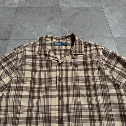 90s-00s Ralph Lauren Brown Checkered Cotton x Linen Open Collar Shirt KiiChain Clothing