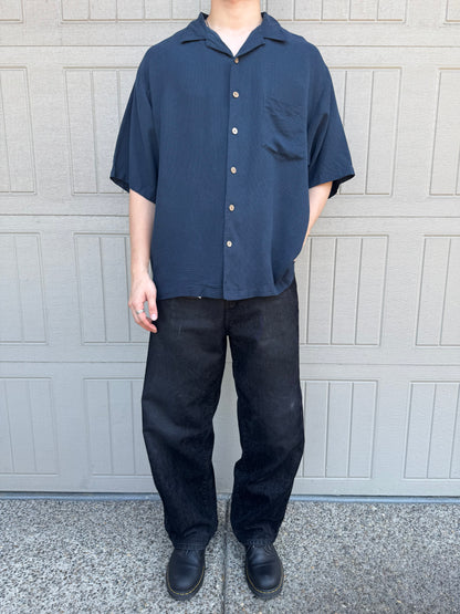 00s Montego MON Black 100% Silk Open Collar Shirt L
