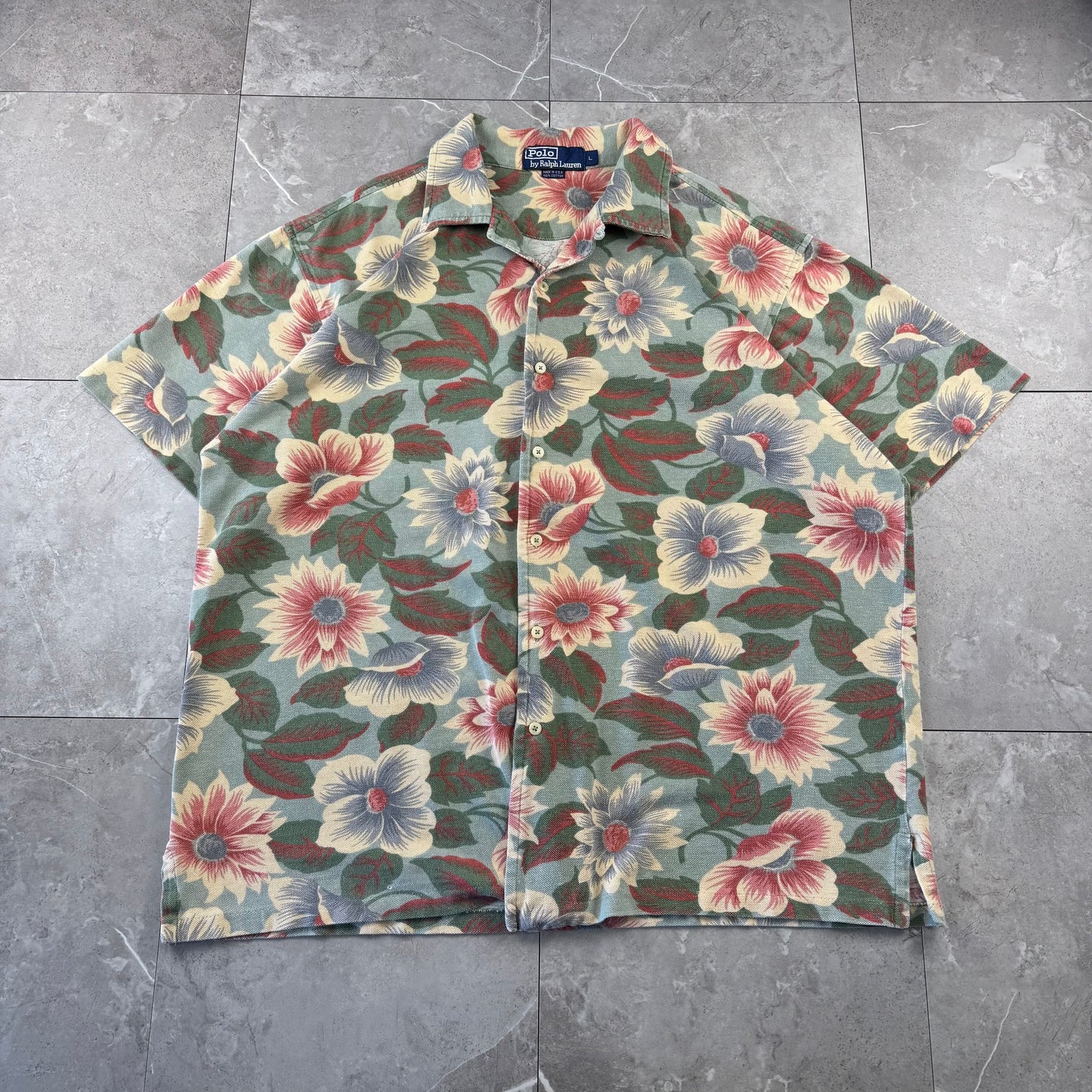 80s-90s Polo by Ralph Lauren Made in USA Green Floral Cotton Knit Open Collar Shirt