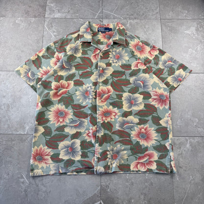 80s-90s Polo by Ralph Lauren Made in USA Green Floral Cotton Knit Open Collar Shirt
