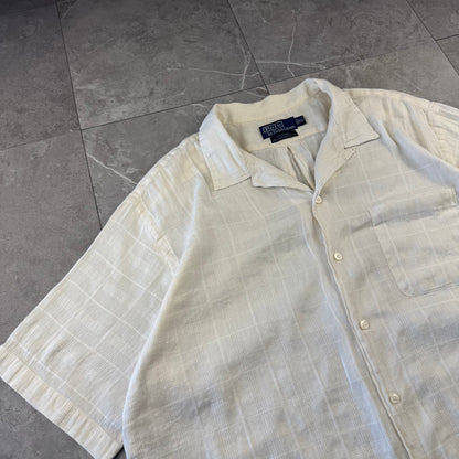 00s Polo by Ralph Lauren Caldwell No-Pony White Checkered Linen x Cotton Open Collar Shirt XL