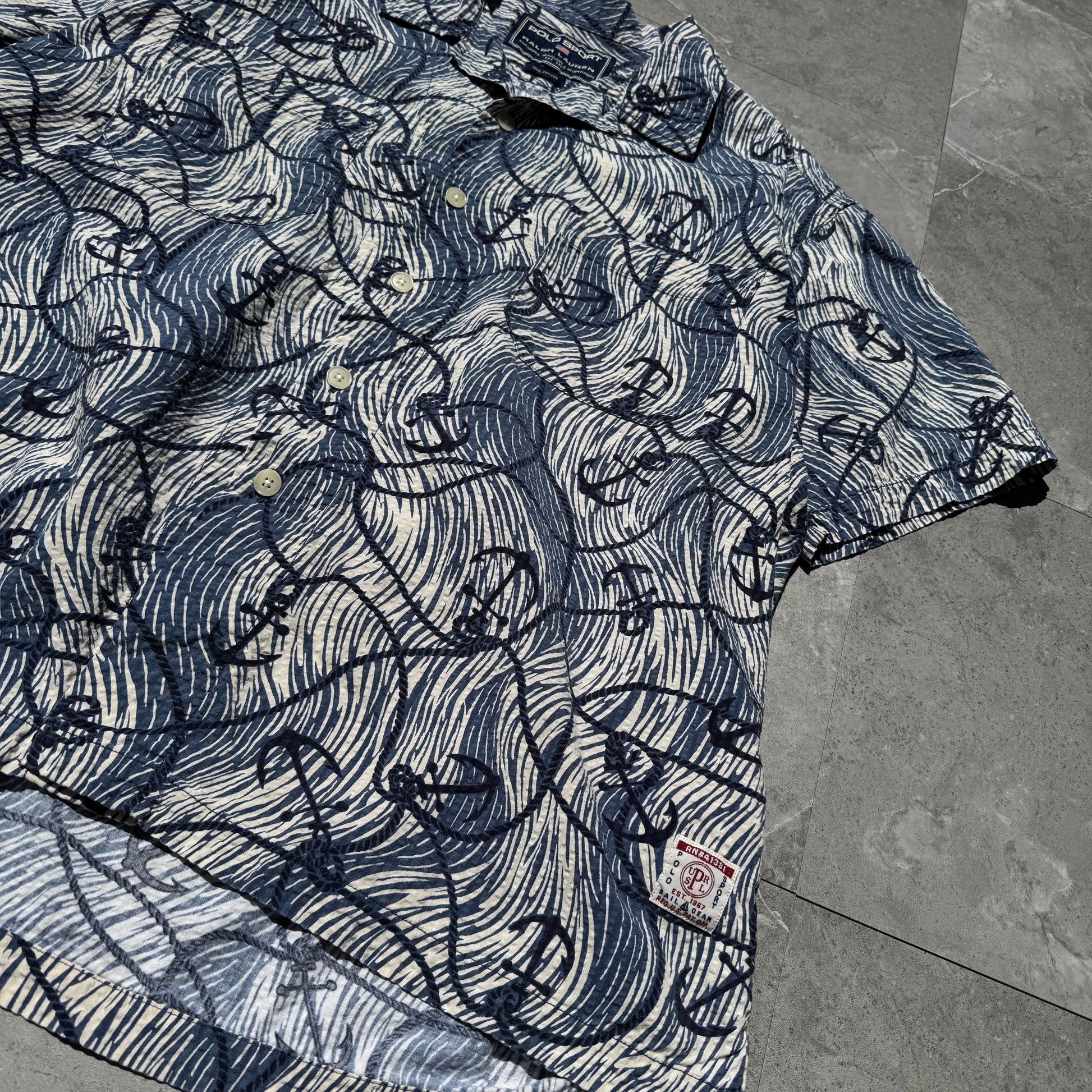 90s-00s Polo Sport Blue Anchor Graphic Seersucker Cotton Open Collar Shirt KiiChain Clothing