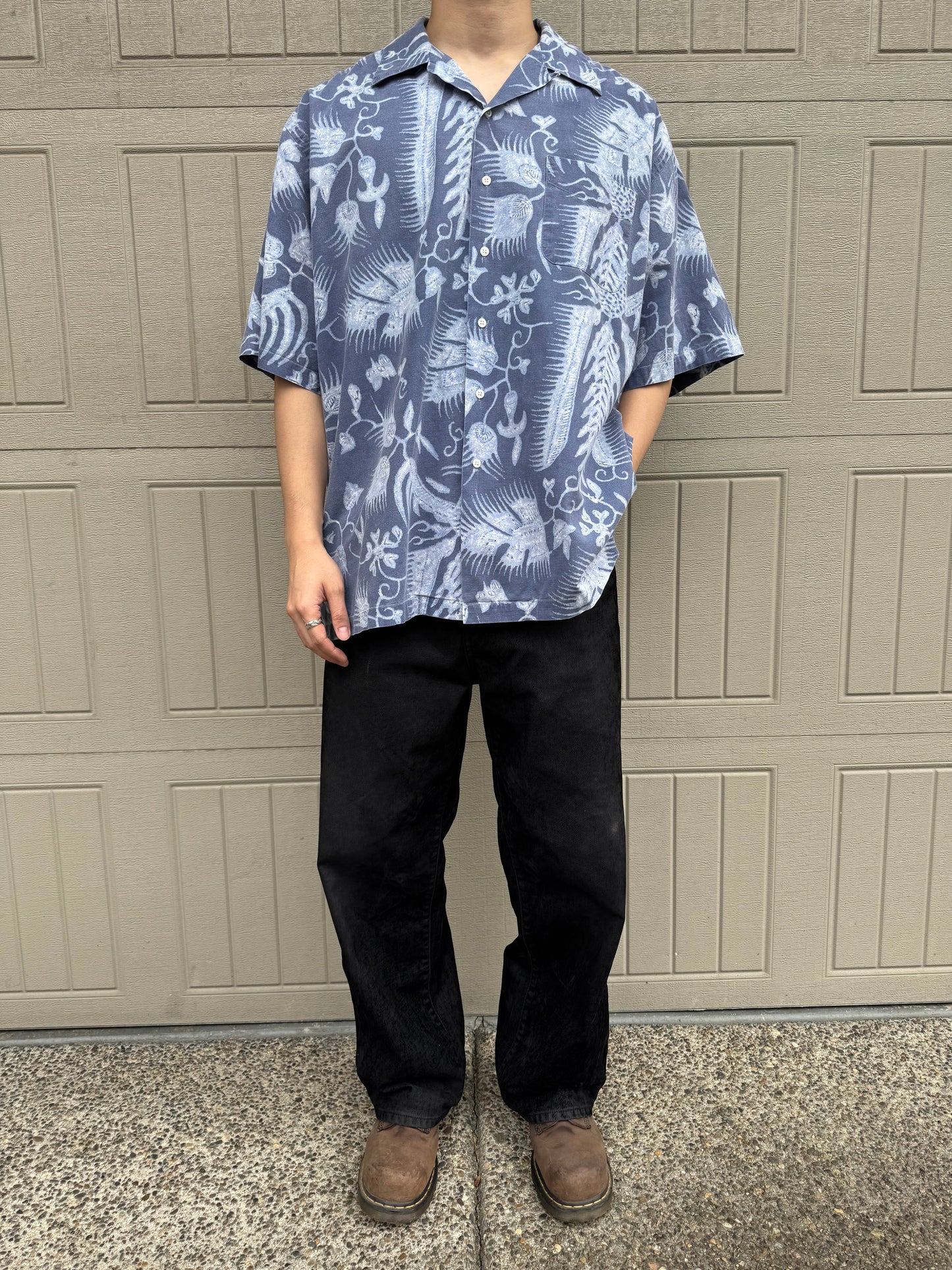 90s Polo by Ralph Lauren Faded Blue Cotton x Linen x Ramie Open Collar Shirt