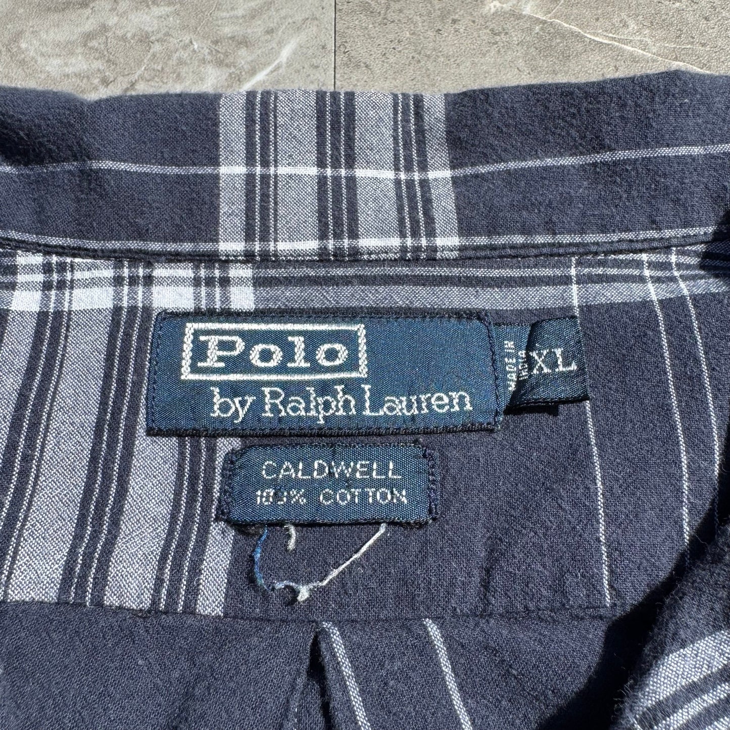 90s-00s Ralph Lauren “Caldwell” Navy Checkered Open Collar Shirt KiiChain Clothing