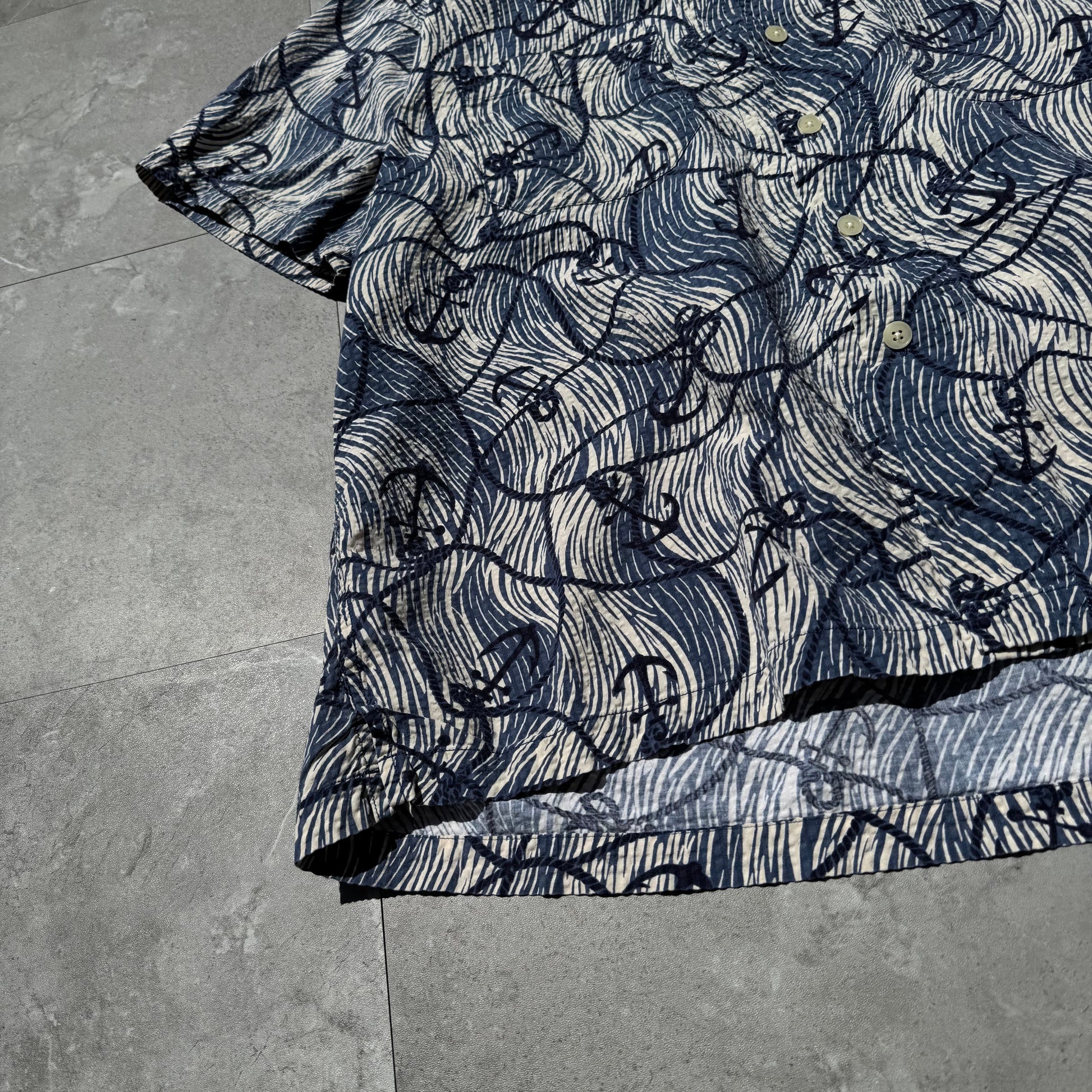 90s-00s Polo Sport Blue Anchor Graphic Seersucker Cotton Open Collar Shirt KiiChain Clothing