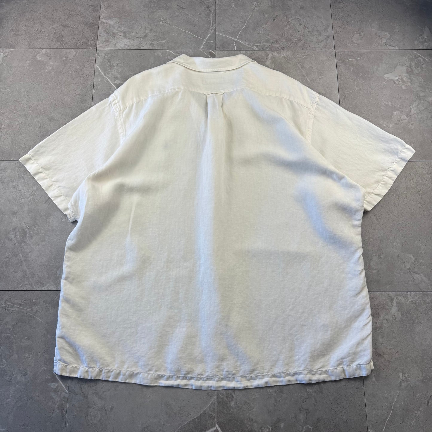 00s Polo by Ralph Lauren White Herringbone Linen x Silk Open Collar Shirt XXL