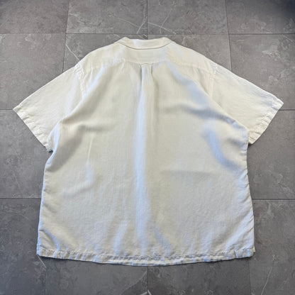 00s Polo by Ralph Lauren White Herringbone Linen x Silk Open Collar Shirt XXL