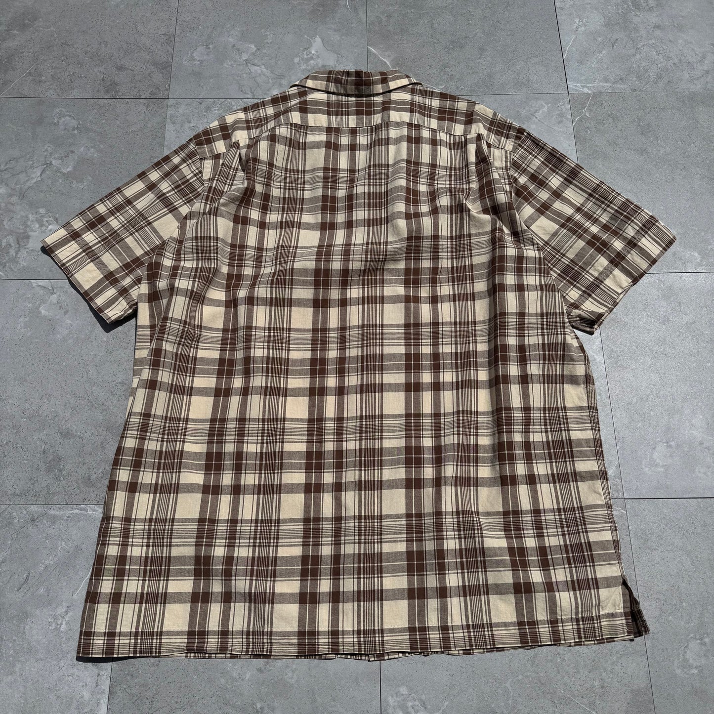 90s-00s Ralph Lauren Brown Checkered Cotton x Linen Open Collar Shirt KiiChain Clothing