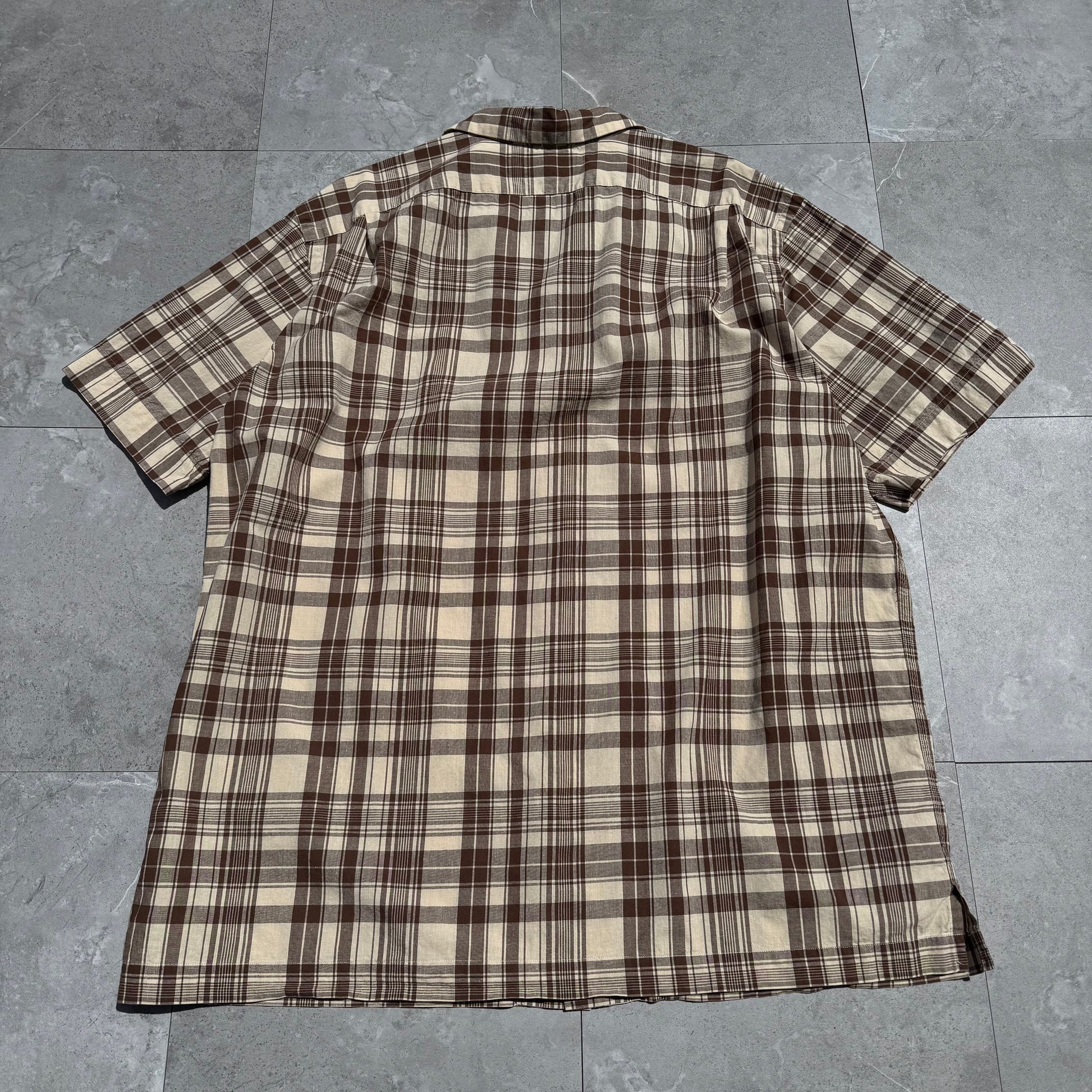 90s-00s Ralph Lauren Brown Checkered Cotton x Linen Open Collar Shirt KiiChain Clothing