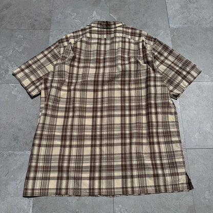 90s-00s Ralph Lauren Brown Checkered Cotton x Linen Open Collar Shirt KiiChain Clothing