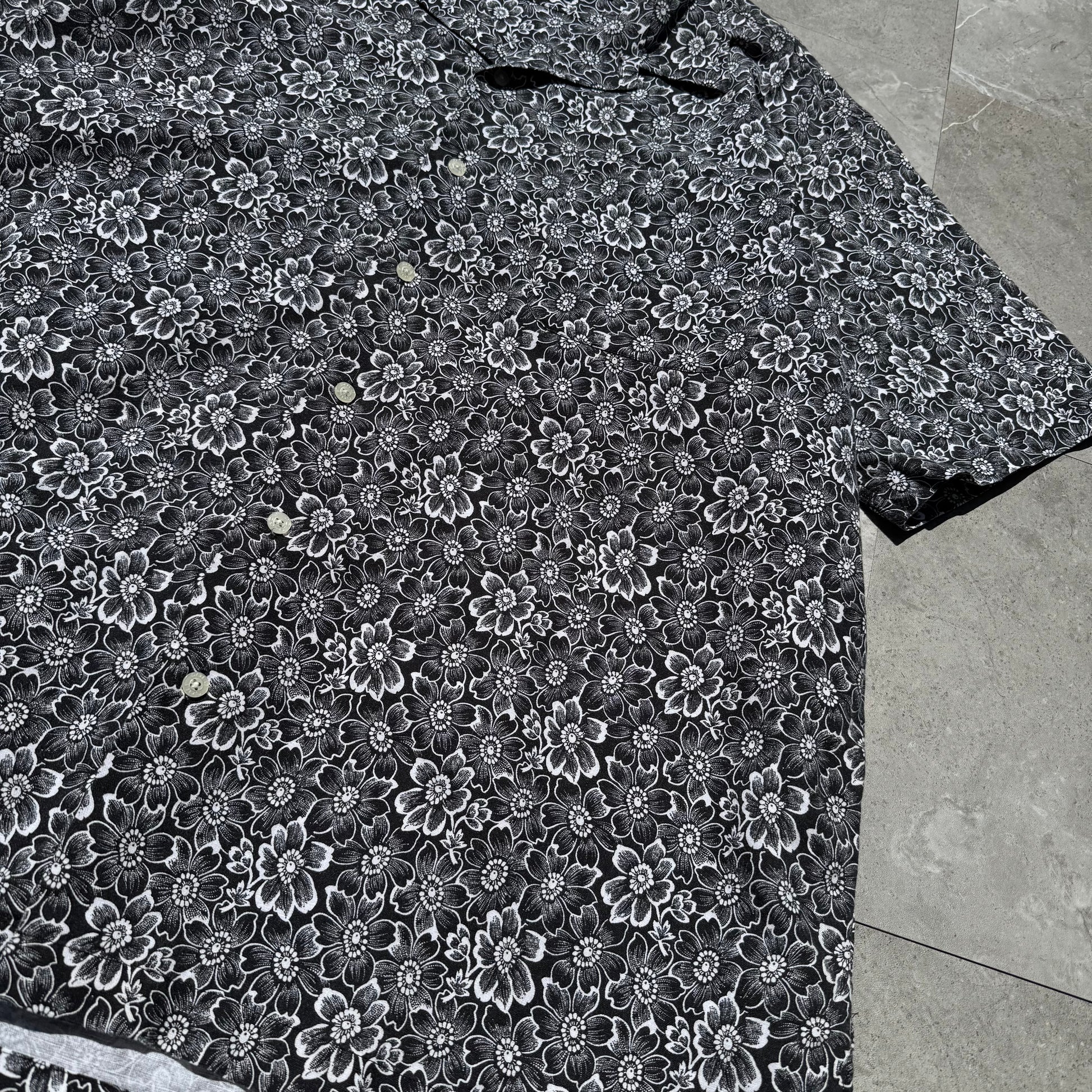 90s-00s Ralph Lauren Polo Golf Clayton Black Floral Linen x Cotton Open Collar Shirt KiiChain Clothing