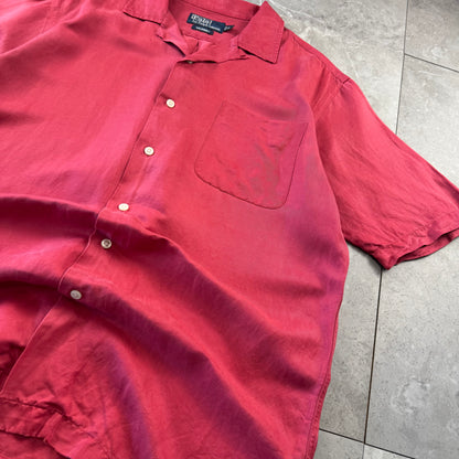 00s Polo by Ralph Lauren Caldwell Red Silk x Linen Open Collar Shirt M