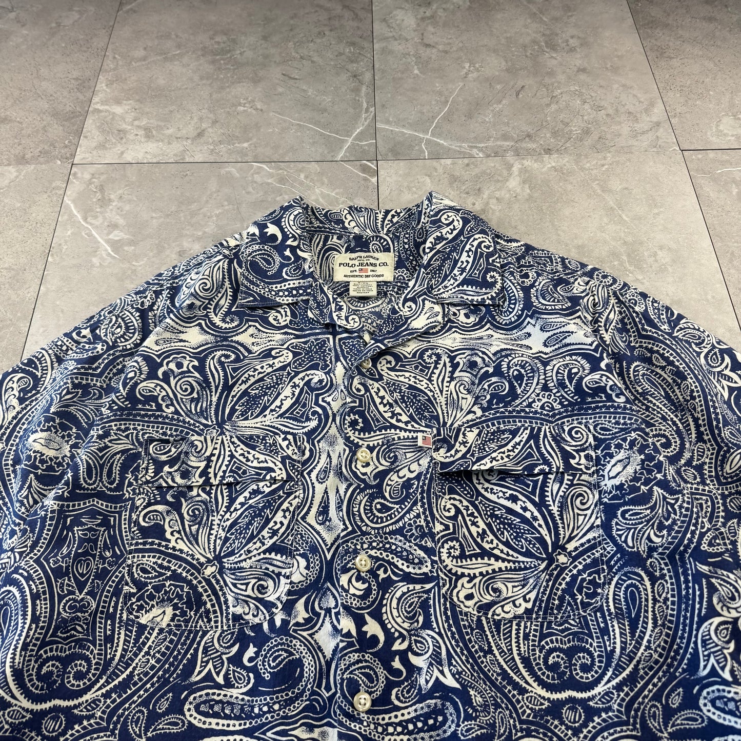 00s Ralph Lauren Polo Jeans Co. Blue Paisley Open Collar Shirt S