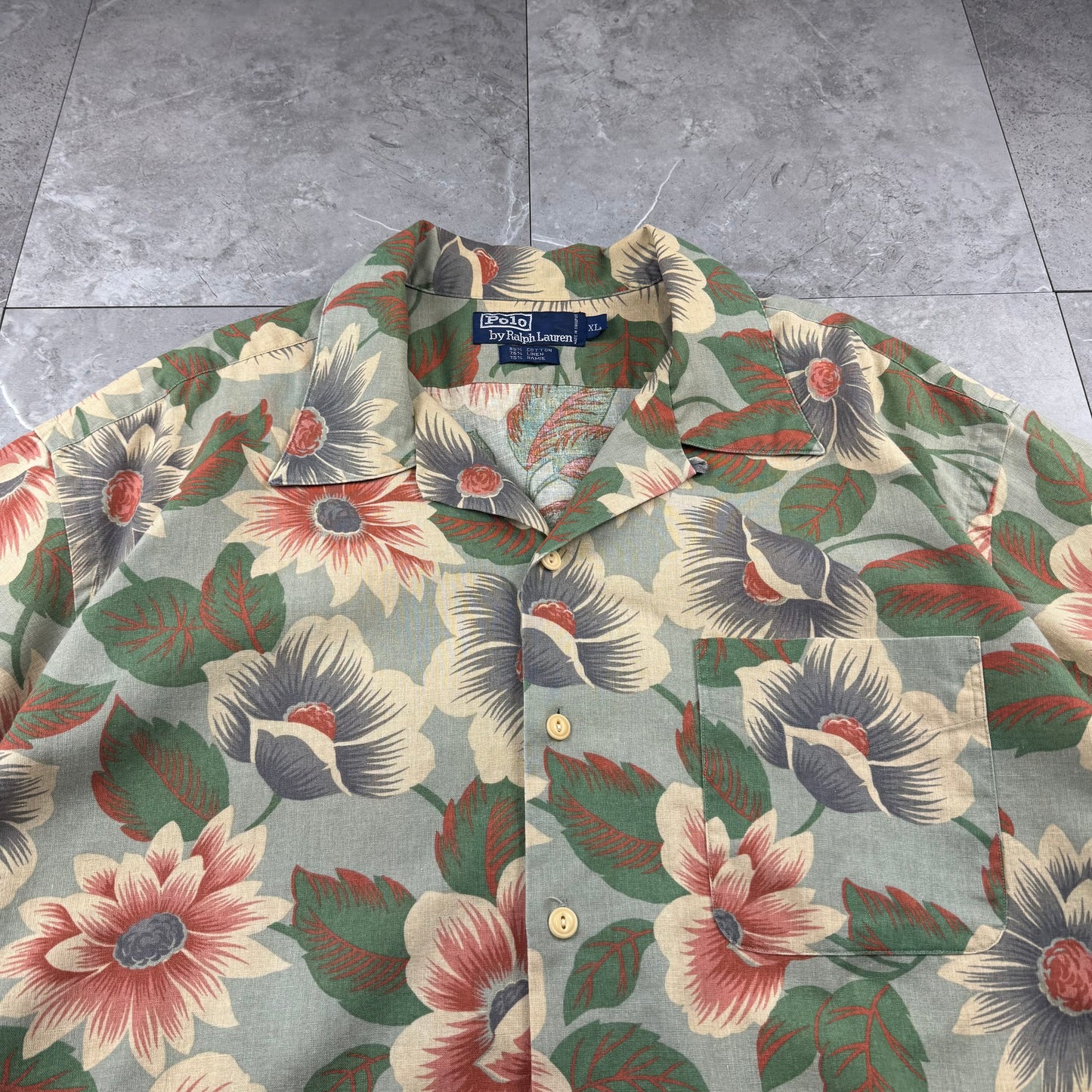 90s Polo by Ralph Lauren Green Cotton x Linen x Ramie Flower Open Collar Shirt XL