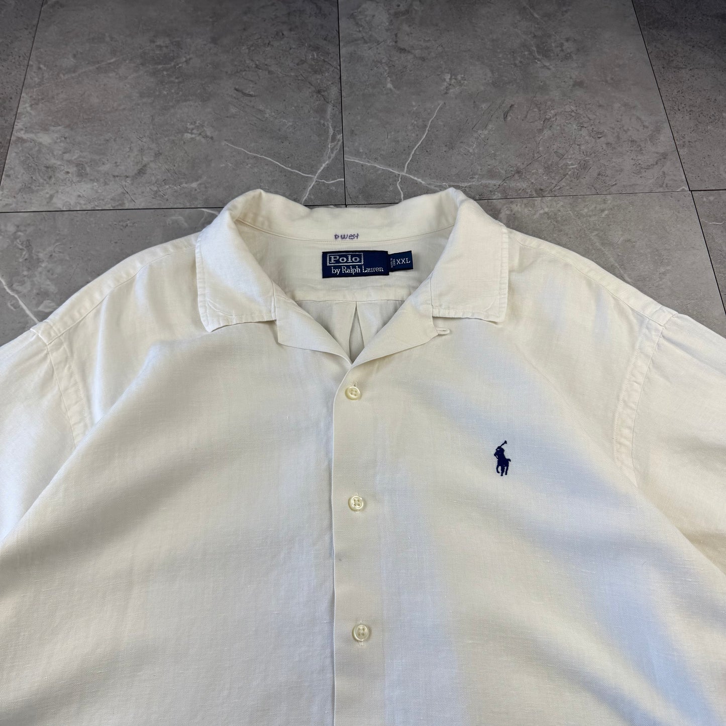 00s Polo by Ralph Lauren White Herringbone Linen x Silk Open Collar Shirt XXL