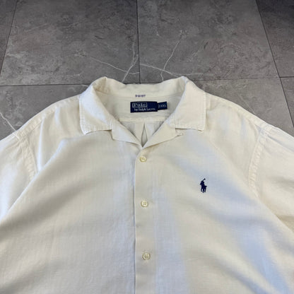 00s Polo by Ralph Lauren White Herringbone Linen x Silk Open Collar Shirt XXL