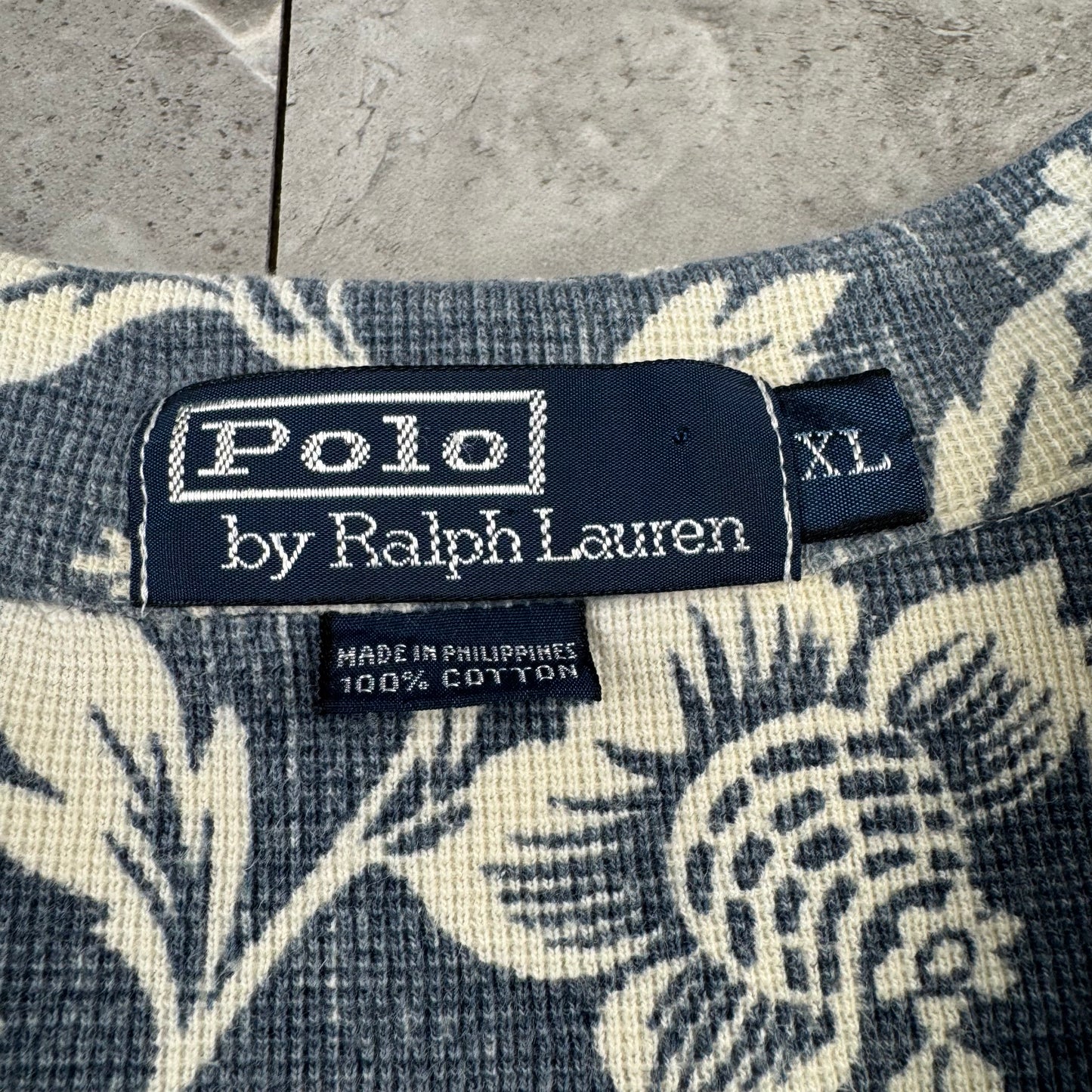 90s Polo by Ralph Lauren Blue Flower Knitted Open Collar Shirt XL
