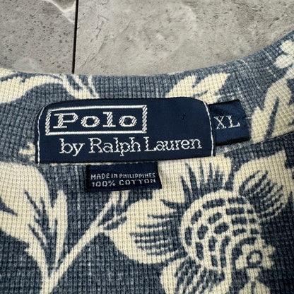 90s Polo by Ralph Lauren Blue Flower Knitted Open Collar Shirt XL
