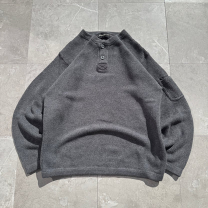 00s Eddie Bauer Made in UK Gray Henley Neck Cotton Knit