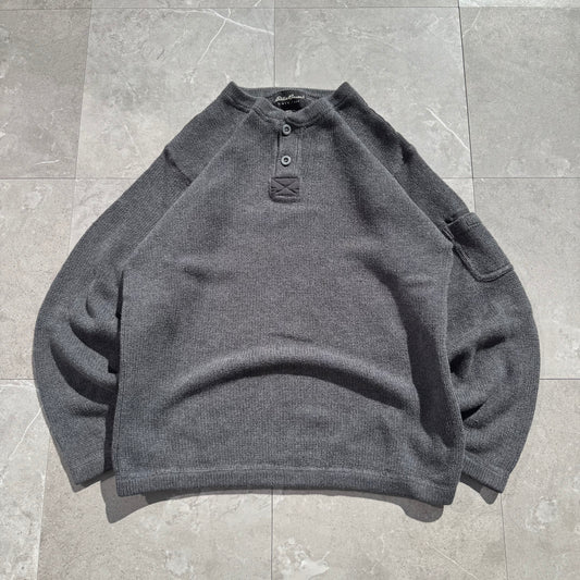 00s Eddie Bauer Made in UK Gray Henley Neck Cotton Knit
