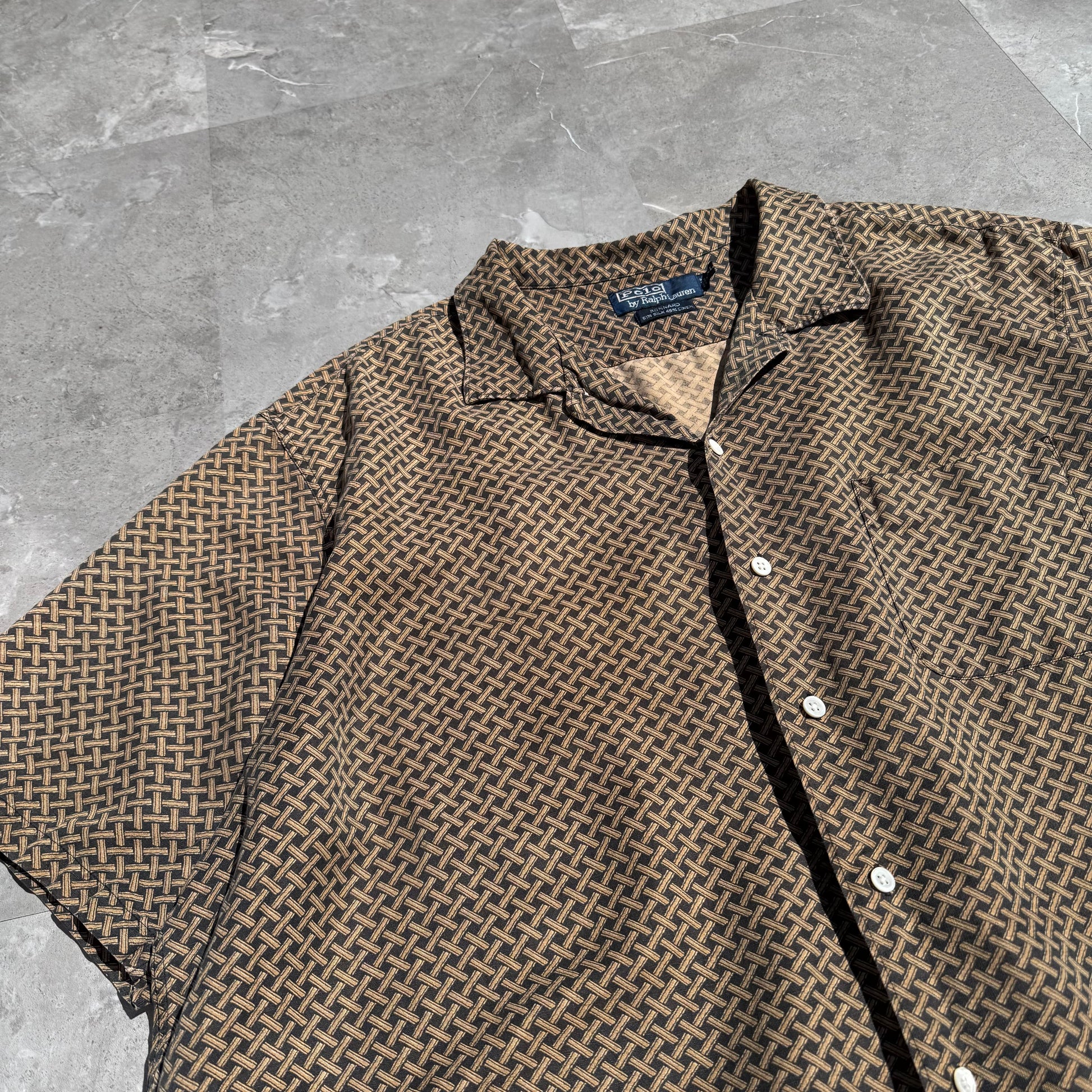 90s-00s Ralph Lauren “Bonnard”  Silk x Linen Cross Pattern Open Collar Shirt KiiChain Clothing