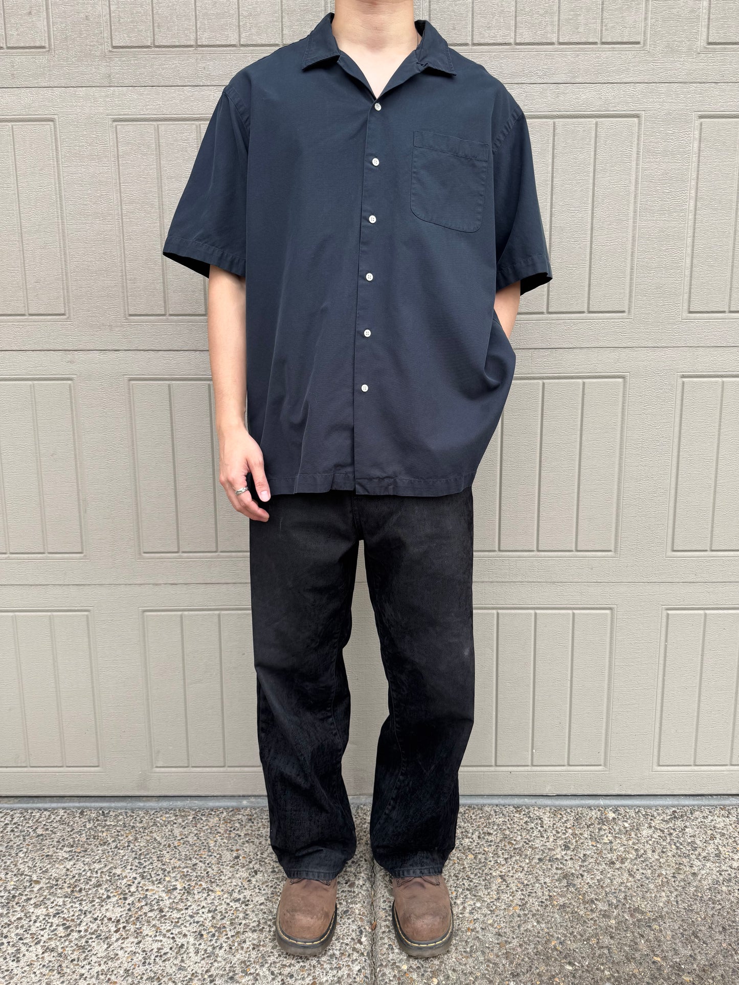 00s Polo by Ralph Lauren Black Sun Faded Silk x Cotton Open Collar Shirt