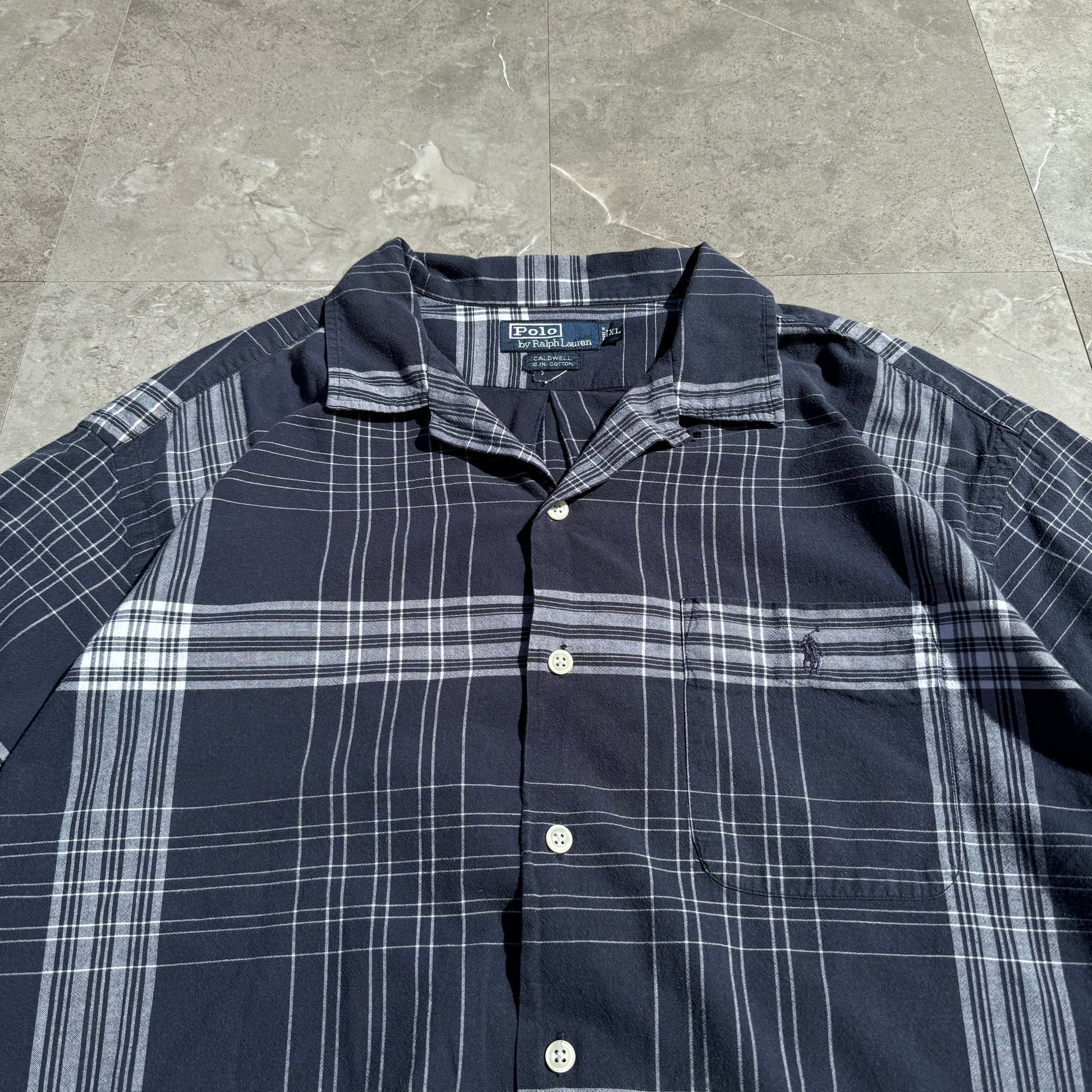 90s-00s Ralph Lauren “Caldwell” Navy Checkered Open Collar Shirt KiiChain Clothing