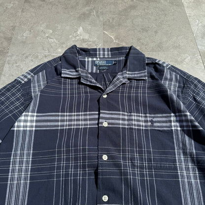 90s-00s Ralph Lauren “Caldwell” Navy Checkered Open Collar Shirt KiiChain Clothing