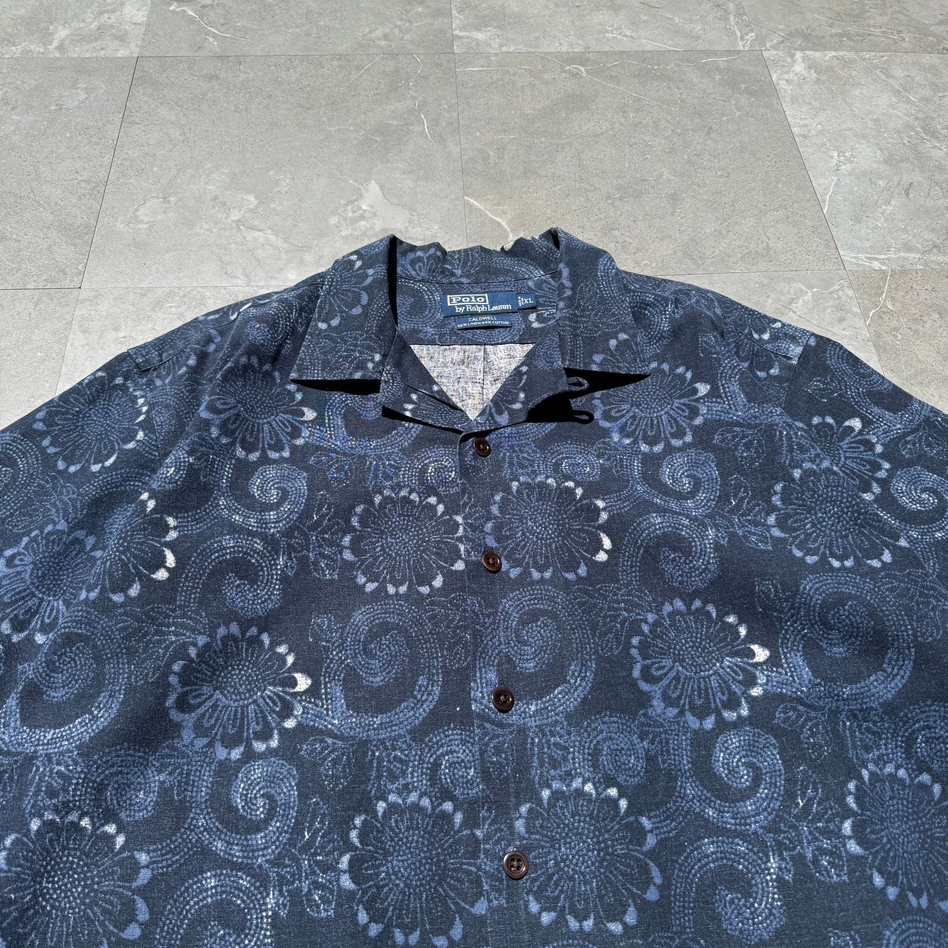 90s-00s Ralph Lauren Caldwell Dark Blue Linen x Cotton Floral Open Collar Shirt KiiChain Clothing
