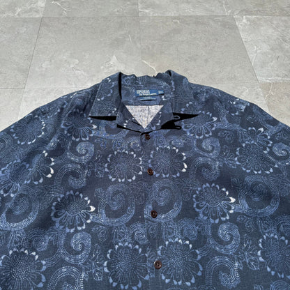 90s-00s Ralph Lauren Caldwell Dark Blue Linen x Cotton Floral Open Collar Shirt KiiChain Clothing