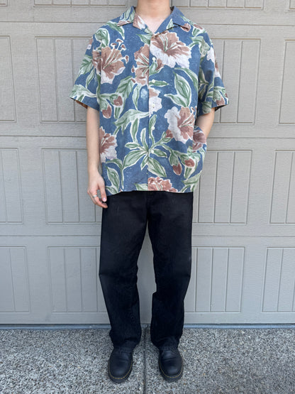 00s Polo by Ralph Lauren Vintage Camp Blue Flower Pattern Cotton x Linen Open Collar Shirt XL