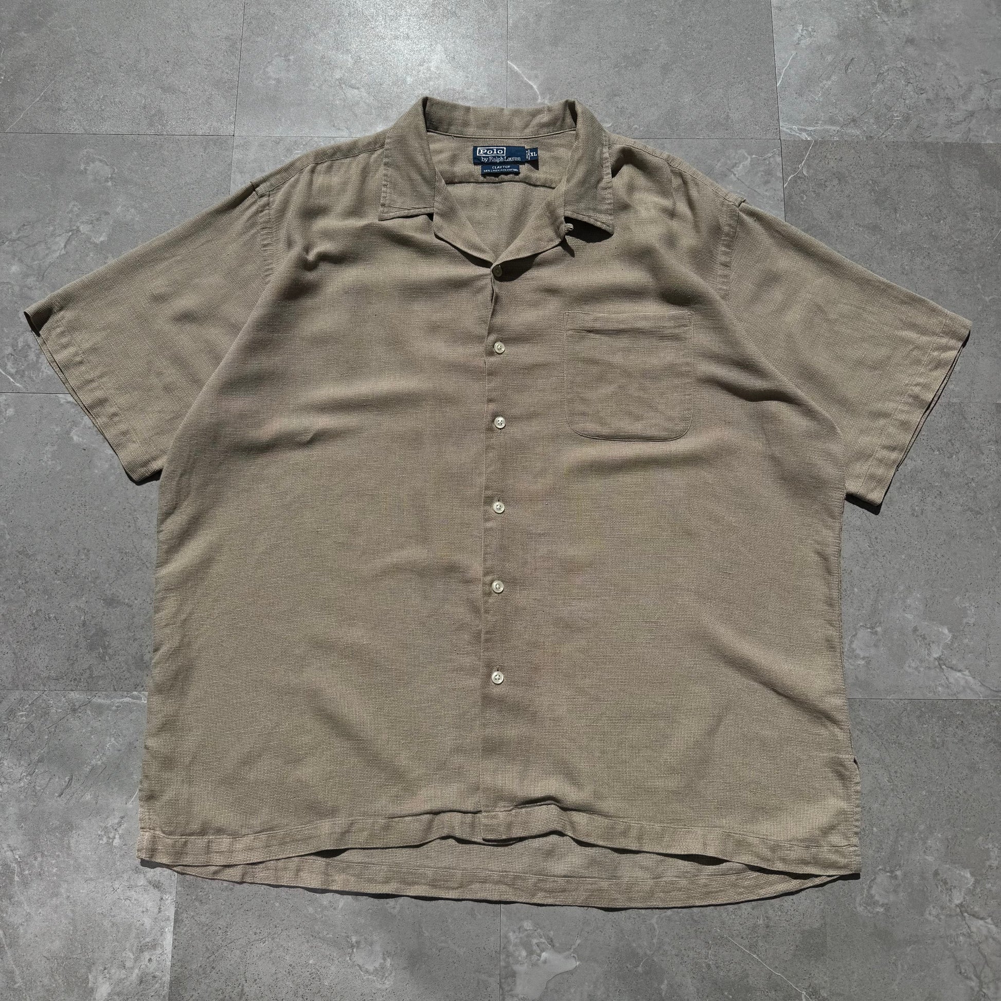 90s-00s Ralph Lauren “Clayton” Linen x Cotton No-Pony Beige Open Collar Shirt KiiChain Clothing
