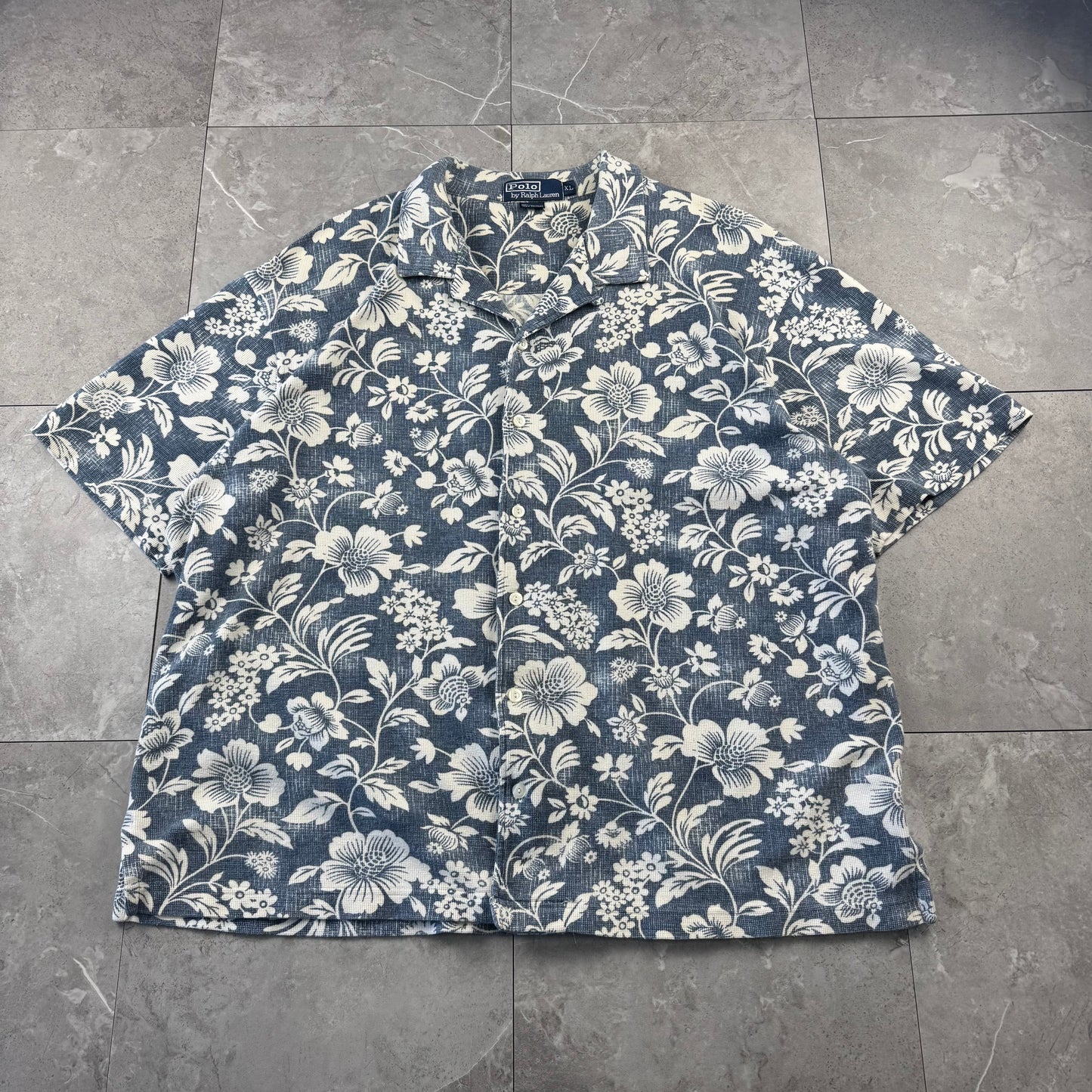 90s Polo by Ralph Lauren Blue Flower Knitted Open Collar Shirt XL