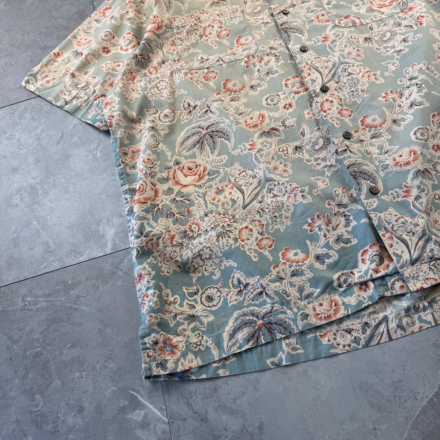 90s-00s Polo by Ralph Lauren Faded Green Flower Pattern Open Collar Shirt XL
