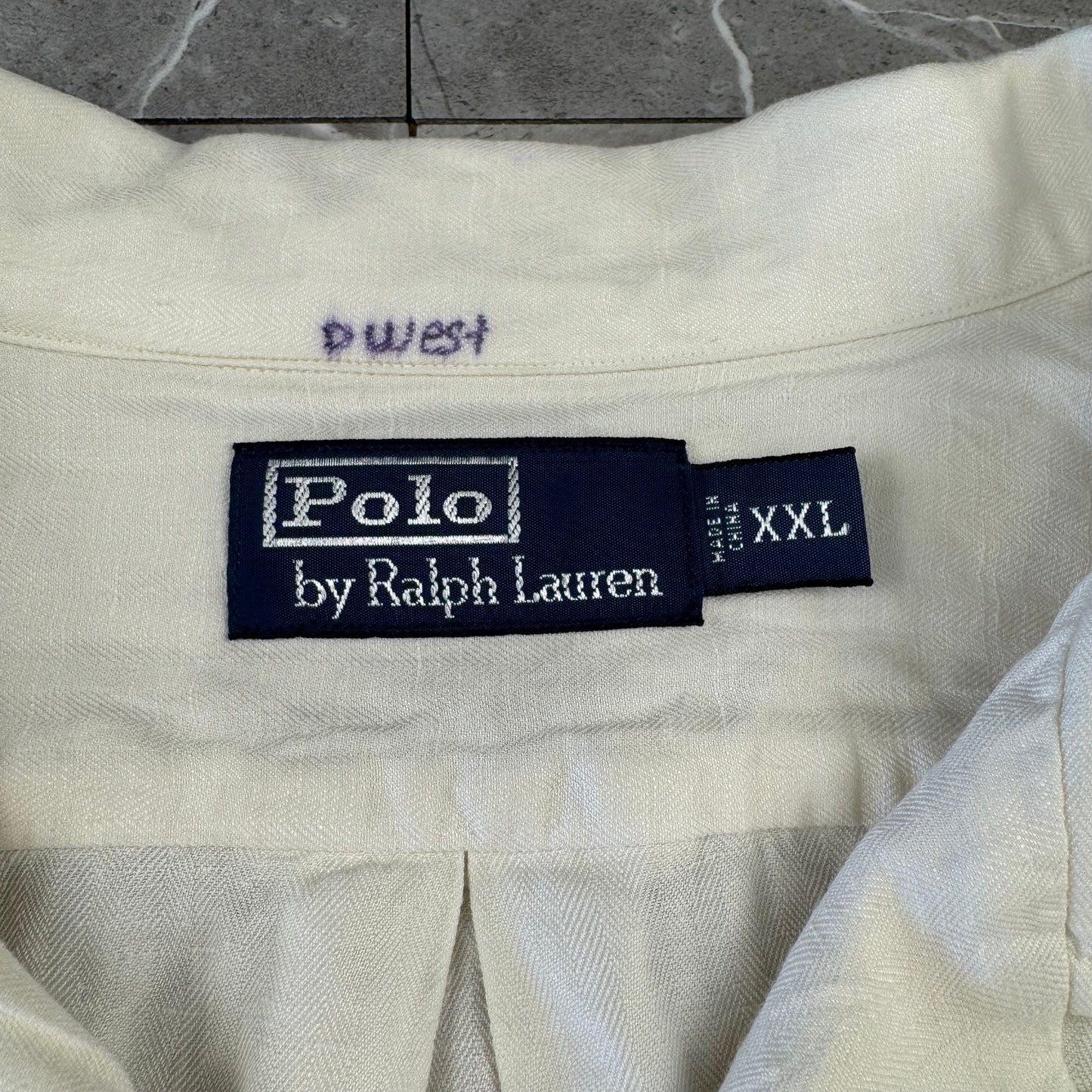 00s Polo by Ralph Lauren White Herringbone Linen x Silk Open Collar Shirt XXL