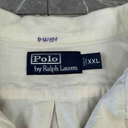 00s Polo by Ralph Lauren White Herringbone Linen x Silk Open Collar Shirt XXL