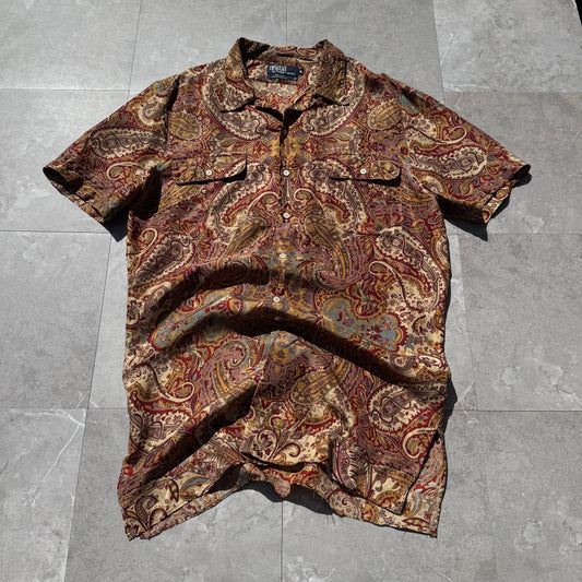 80s-90s Ralph Lauren Made in USA “100% Imported Silk” Paisley Open Collar Shirt KiiChain Clothing