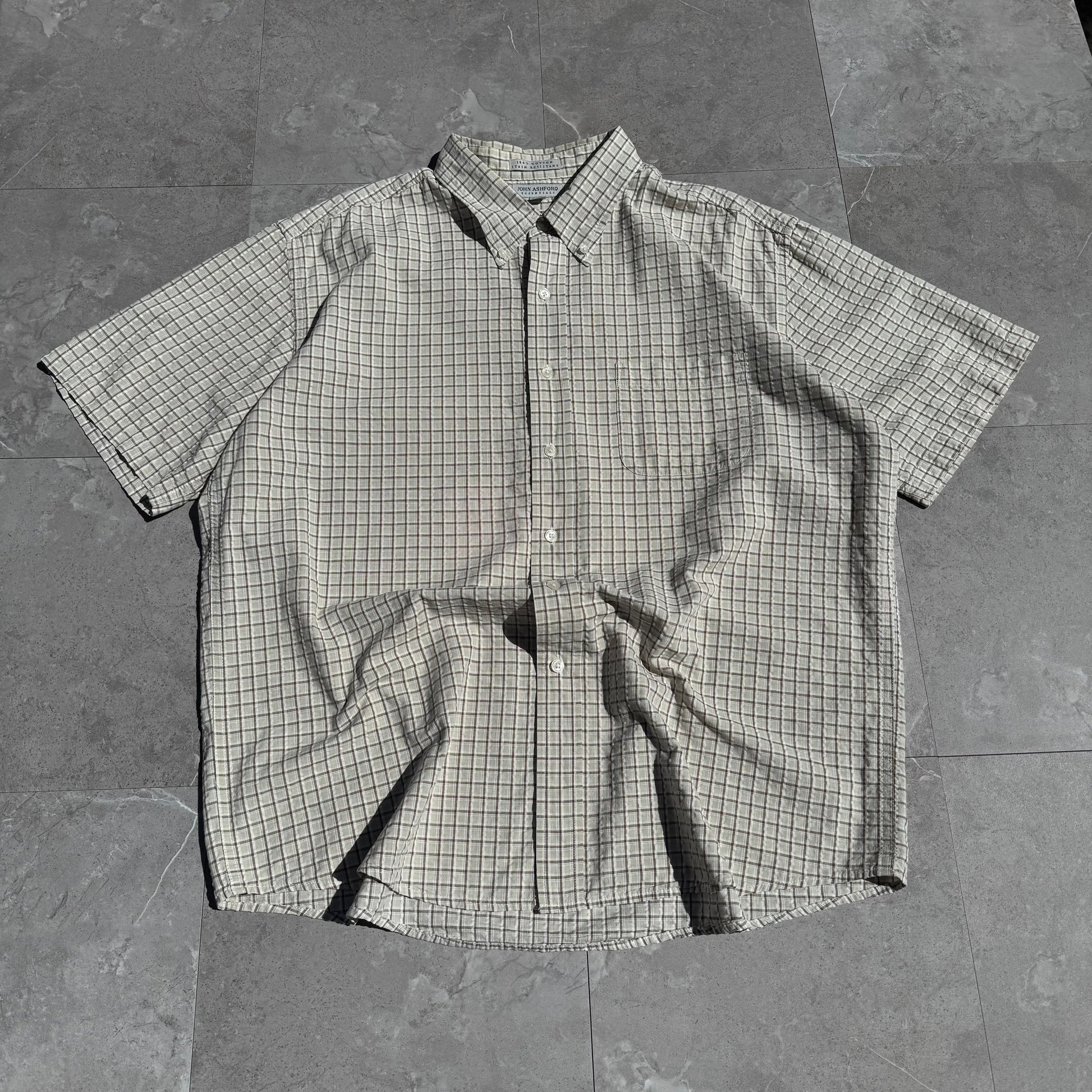 90s-00s John Ashford Cream Seersucker Checkered Cotton Short Sleeve Shirt KiiChain Clothing