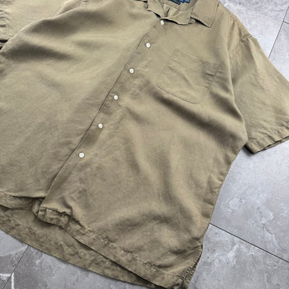 00s Polo by Ralph Lauren Caldwell Brown Silk x Linen Open Collar Shirt XL